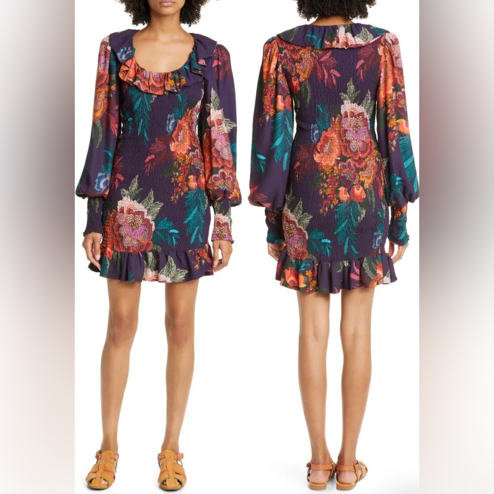 FARM RIO flower scarves smocked long sleeve mini dress